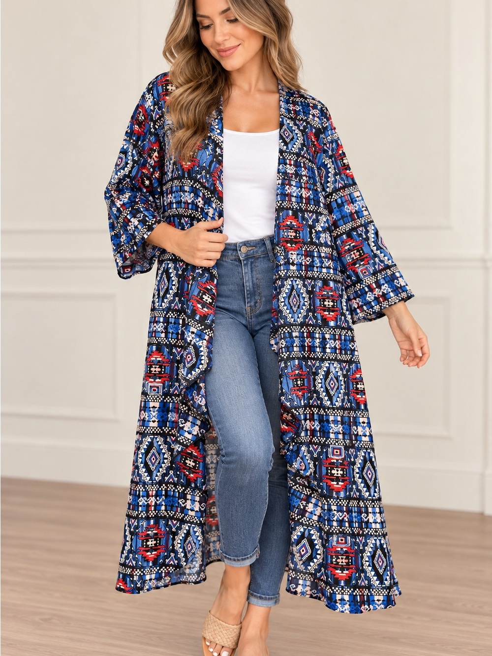 LuLaRoe M Blue Red Geometric Aztec Long Kimono Duster Cardigan
